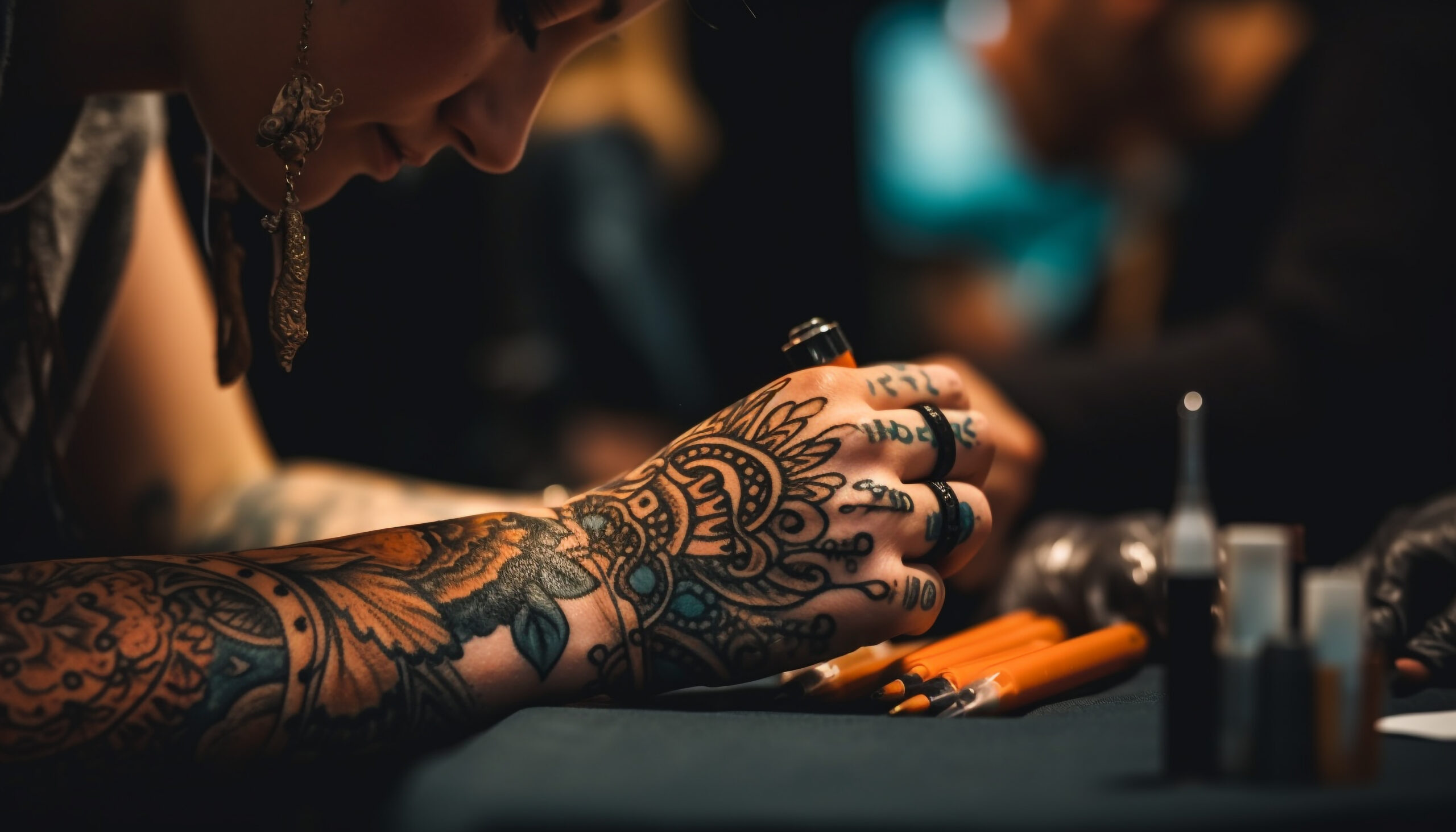 Young adult artist tattooing with creativity and skill generated by artificial intelligence